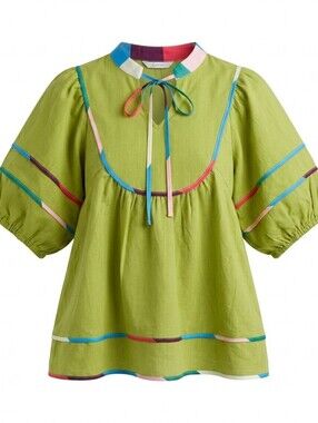 Cicy Bell Olive Multicolor Trim Puff Sleeves Babydoll Blouse Peasant Top Sz.S